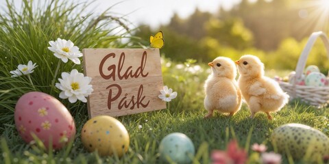 Glad p&aring;sk greeting with Swedish text, colorful Easter eggs and baby chicks in spring grass with soft sunlight
