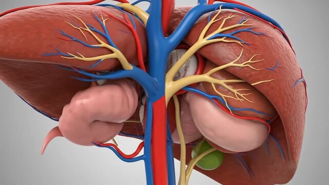 Human liver anatomy with blood vessels and gallbladder