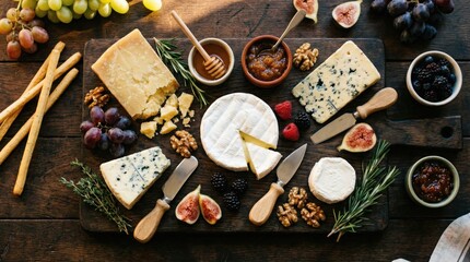 Gourmet Cheese Board with Fruits, Nuts, and Honey on Wooden Table.