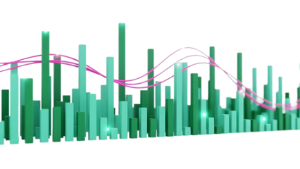 Glowing green cityscape bars with pink lines on black background isolated on transparent background