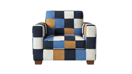 Patchwork Armchair with Blue, Brown, and White Squares