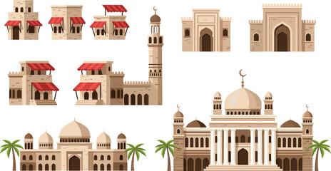 Traditional Arabic buildings set featuring mosques minarets sand stone houses with red awnings and palm trees for cultural tourism