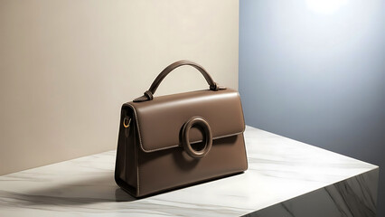 Taupe Leather Handbag with Circular Clasp on Marble Surface brown desig