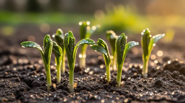 Tiny green sprouts push through dark soil, glistening with morning dew, bathed in the warm glow of sunrise.