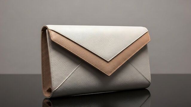 Textured leather clutch bag with beige and white panels