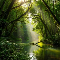 Brilliant sunlight streams through dense foliage illuminating a calm waterway in a lush jungle environment