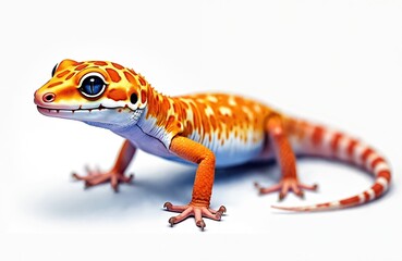 Obraz premium Small leopard gecko rests on white backdrop. This colorful reptile has orange spots and bright blue eyes. Its detailed scales show intricate patterns. Lizard artwork is vibrantly painted.