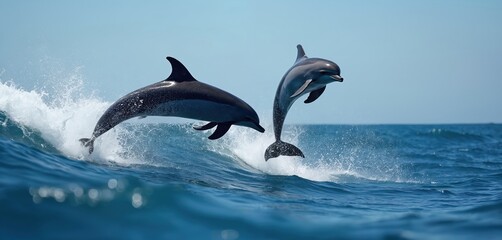 Fototapeta premium Two Atlantic spotted dolphins leap joyfully over ocean waves. These marine mammals create splashes as they play near the water surface under a clear blue sky.