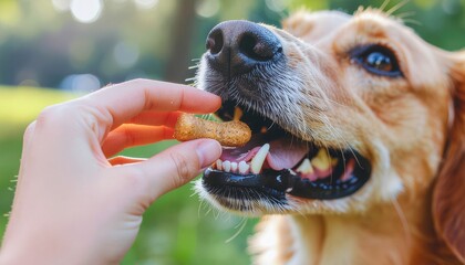 Close-Up of Hands Giving a Dog a Treat. Pets + Human Bonding. A high-quality macro photograph of a person's hand gently offering an training treat to the open mouth of a well-groomed mixed-breed dog.
