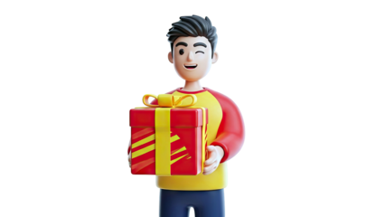 3D Character Holding a Red Gift Box with Yellow Ribbon