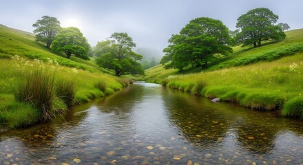 Clear shallow water flows through a lush green valley alongside rolling hills covered in dense foliage