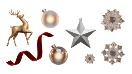 Christmas Ornament Collection With Baubles Ribbon Star And Snowflakes.