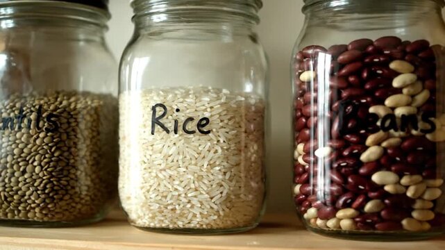 Jars of Rice and Grains in a Pantry
