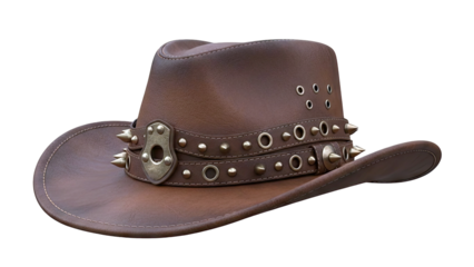 Brown Leather Cowboy Hat with Spikes and Studs