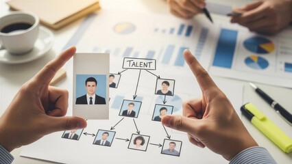 Business professionals analyzing talent management strategies with charts and photographs on table