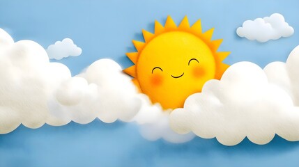 Happy Cartoon Sun Peeking Through Fluffy Clouds on a Blue Sky
