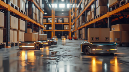 Autonomous robots efficiently transporting packages in modern warehouse