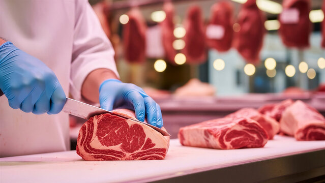 Butcher slicing premium marbled beef steak in a professional meat shop environment