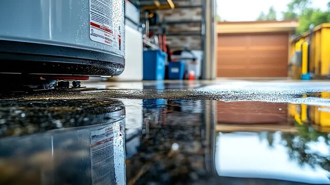 Flooded Garage Floor with Water Reflecting the Building and Exterior.