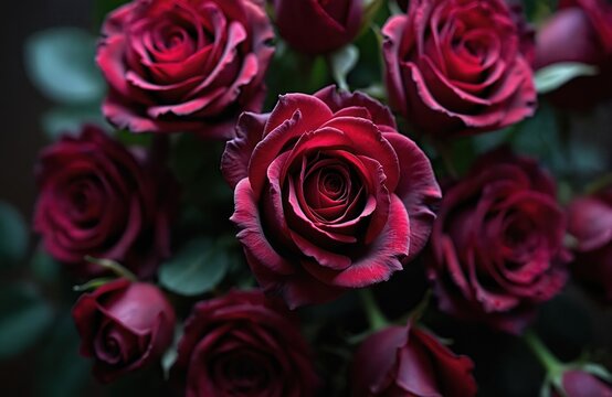 Close up of deep red roses with dark green leaves. Many velvety petals form perfect blooms. Flower bouquet arrangement signifies romance, love, and passion.