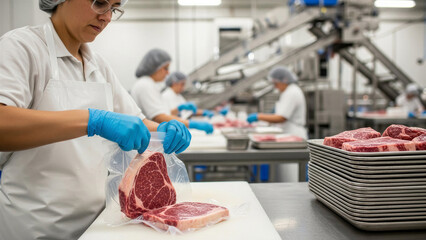 Worker packaging premium cuts of meat in a food processing facility for distribution