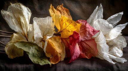 Close-up view of dried flower petals in various stages of decay and color, creating a textured botanical still life composition