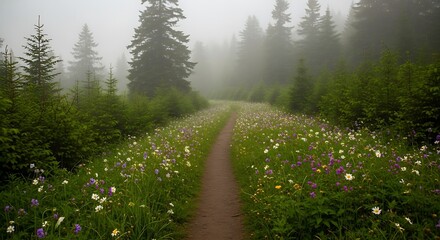 Narrow dirt path winds through a lush meadow dotted with wildflowers surrounded by a dense, misty evergreen forest