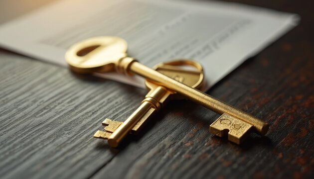 Two golden keys rest on a document on a dark wooden table representing corporate deals mergers and acquisitions. This symbolizes successful business strategy and future growth.