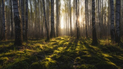 Fototapeta premium Sunlight filtering through tall slender birch trees casting long shadows across mossy forest floor.