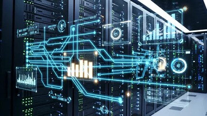 Data center with digital interface displaying analytics and metrics - Powered by Adobe