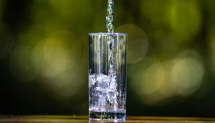 Water pouring into glass on wooden table outdoors. Pouring water on nature background. Pouring soda...