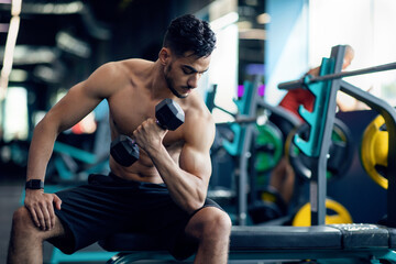 Naklejka premium Young Muscular Strong Arab Man With Naked Torso Doing Exercises With Dumbbells In Modern Gym, Making Seated Biceps Curl, Enjoying Workout With Heavy Weights For Muscle Strength, Free Space