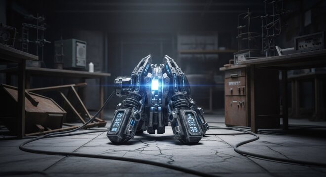 Glowing alien device with mysterious symbols on a dark floor in a dusty abandoned laboratory. Science fiction discovery of advanced technology or extraterrestrial relic.