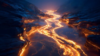 Molten Lava River Flowing Through Dark Volcanic Landscape at Night