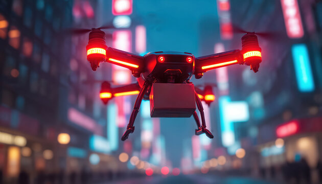 Futuristic drone flies over neon city street carrying package. Advanced quadcopter delivery bot flies at night. Future tech logistics, modern urban transport.