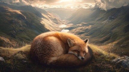 Peaceful red fox sleeping in a serene mountain valley landscape at golden hour
