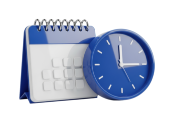 Polished white square calendar icon and reflective cerulean blue analog clock adjacent, geometrically aligned against a transparent background utilizing soft studio lighting. Concept of professional