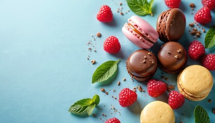 Obraz premium Sweet french macarons with fresh raspberries and mint leaves arranged on light blue background. Some chocolate crumbs are scattered around tasty treats, creating appealing dessert composition.