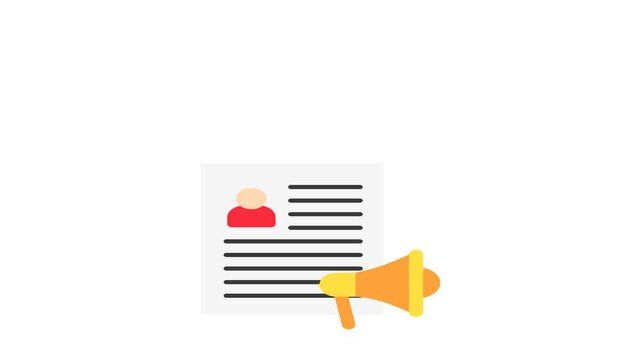 Author Bio Flat Animation 2D Cartoon 4K Video with paper and magaphone. Relate To Product Offering, Marketing, Commerce And Shopping. Editable On Transparent Background Alpha Channel.