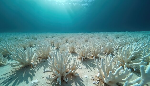 Underwater view of bleached coral reef ecosystem on sandy seabed. Sun rays penetrate water surface illuminating dead white corals. Marine life faces extinction crisis.