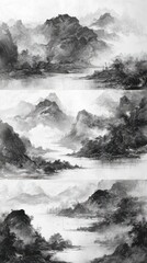Vibrant photo of Triptych of traditional Chinese ink wash landscape paintings with mountains, trees, and rivers