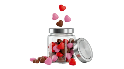 Heart-shaped candies falling into a glass jar