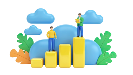 3D Business Success Bar Chart with Figures and Clouds