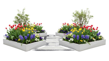 White background with a garden of flowers and a path. isolated illustration on transparent background