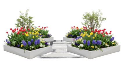 White background with a garden of flowers and a path. isolated illustration on transparent background