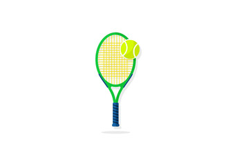 Vector Icon Concept Green Tennis Racket with Yellow Strings and a Tennis Ball on Top.