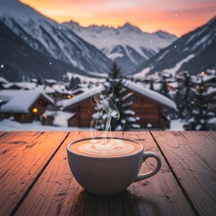 Steaming cup of hot coffee rests on wooden surface overlooking snowy mountain village at sunset
