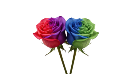 Two roses are standing next to each other, one is red and the other is blue. isolated illustration on transparent background
