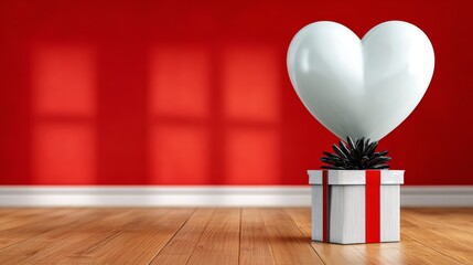 Romantic minimal scene of a white heart-shaped balloon emerging from a striped gift box on wooden floor, set before a vivid red wall, ideal for love, wedding, or Valentine designs.