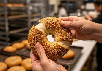Person tearing apart a freshly baked sesame seed bagel emitting steam in a commercial kitchen setting